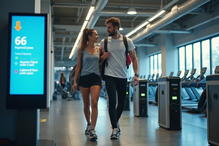 Deux amis accédant à une salle Basic Fit avec un pass journée sans abonnement