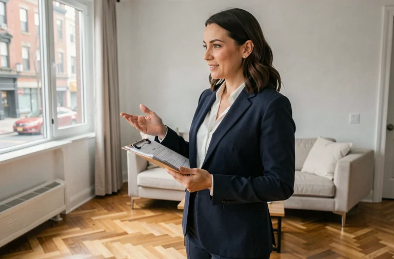 Agent immobilier dans un appartement moderne tenant des documents de classification du bien