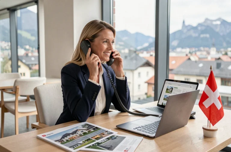Agent immobilière suisse au téléphone dans un bureau moderne avec vue sur la ville