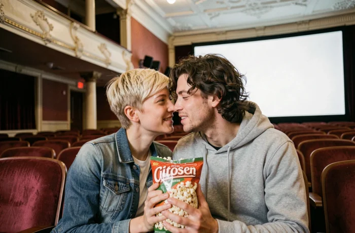 Deux amis complices installés dans un cinéma indépendant au style vintage partageant du popcorn avant une séance