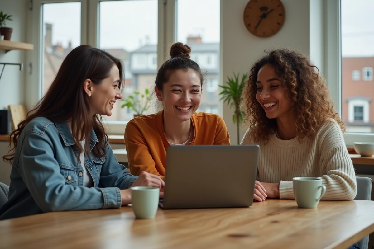 Trois amis rient en choisissant un film à la maison