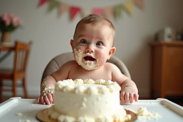 Bébé d'un an couvert de crème fouettée découvrant son gâteau d'anniversaire avec une expression de surprise totale