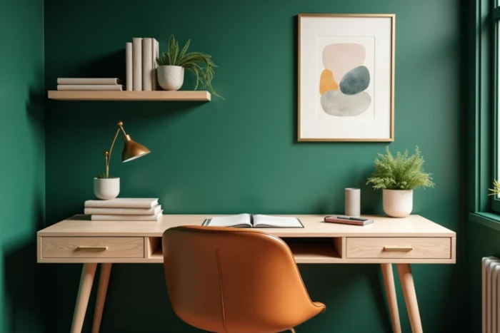 Bureau à domicile moderne avec bureau en chêne cannelé, mur vert forêt et accessoires déco tendance — idées aménagement intérieur