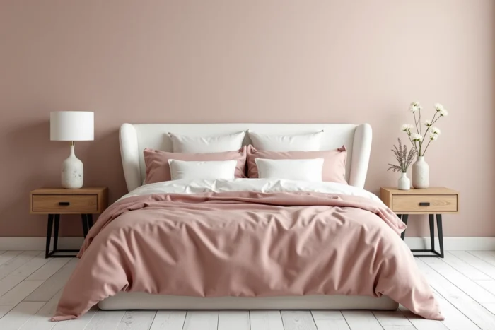 Chambre moderne décorée avec literie en lin, tête de lit en bouclé et tables de nuit asymétriques — tendances intérieur actuel