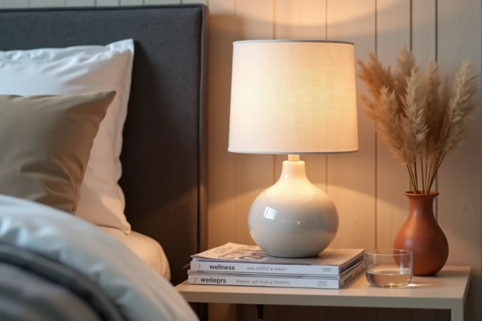 Table de chevet minimaliste avec lampe en céramique dans une chambre style nordique reposante