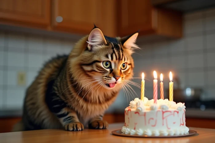 Chat tabby qui tente de souffler les bougies d'un gâteau d'anniversaire mais rate complètement sa cible