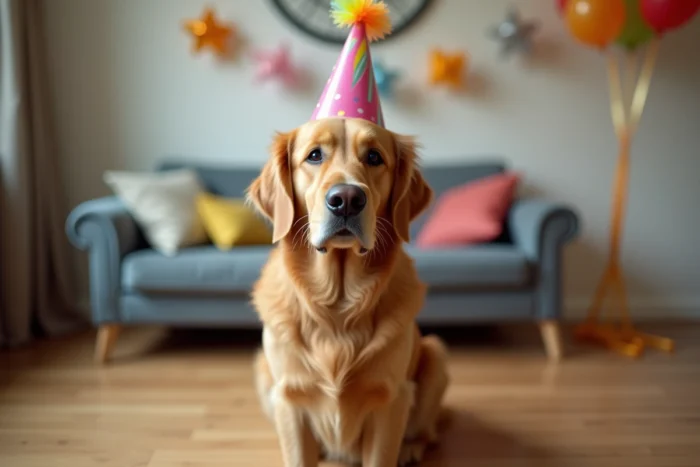 Golden retriever portant un chapeau de fête coloré et fixant la caméra avec une expression impassible et drolatique