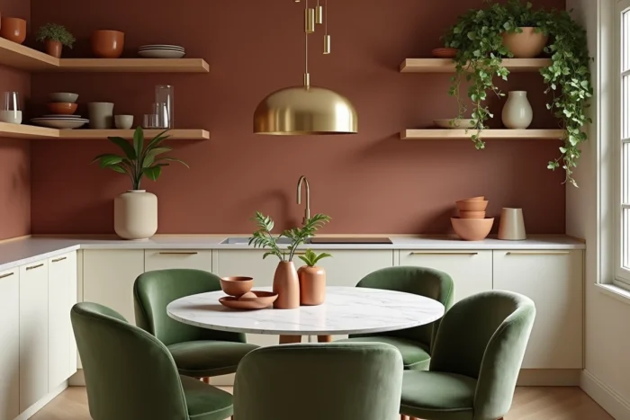 Coin repas contemporain avec table en marbre, chaises en velours vert sauge et étagères en céramique artisanale — inspiration déco maison