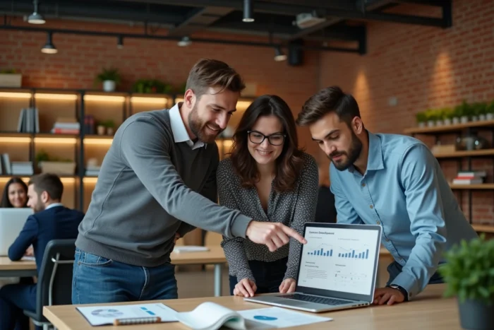Équipe de professionnels collaborant autour d'un écran dans un espace de coworking moderne