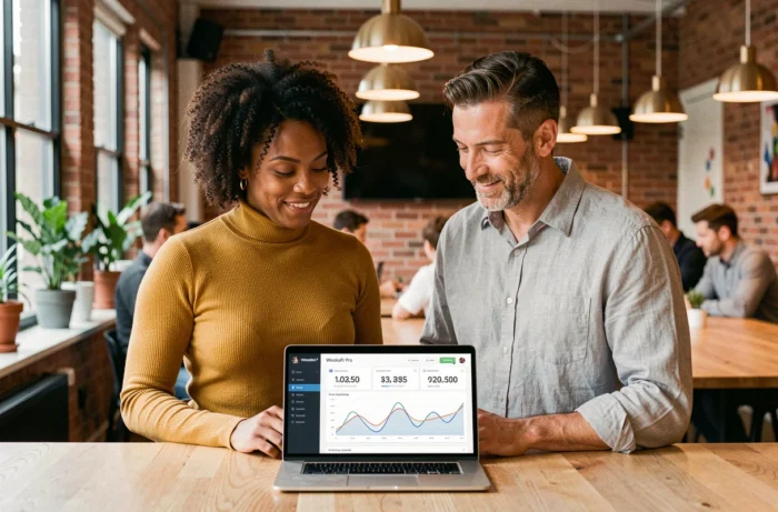 Deux professionnels du divertissement analysant les statistiques Wookafr Pro sur un ordinateur portable dans un espace de coworking