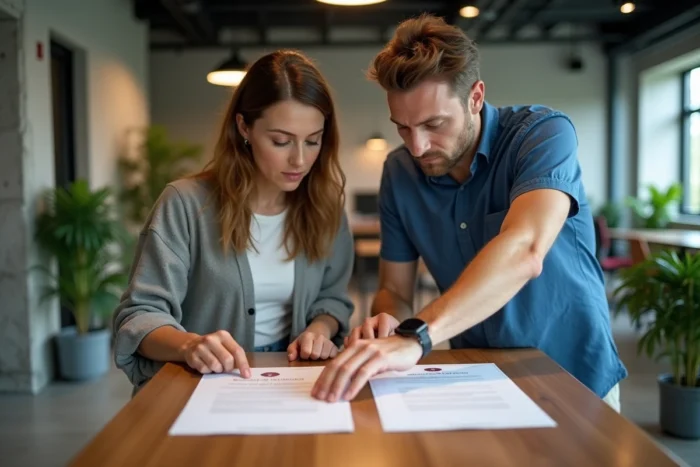 Deux collègues comparant des diplômes RNCP pour en vérifier l'authenticité