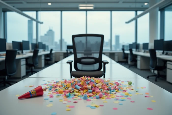 Bureau de bureau vide couvert de confettis colorés et de serpentins d'anniversaire sans personne autour
