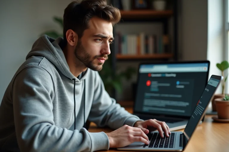 Homme utilisant Firefox sur un laptop avec un message d'erreur de connexion non sécurisée affiché à l'écran
