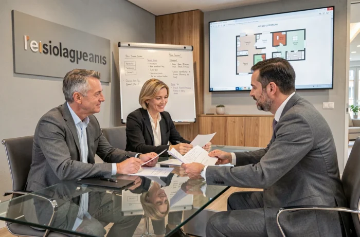 Couple en consultation avec un agent immobilier suisse dans une agence moderne