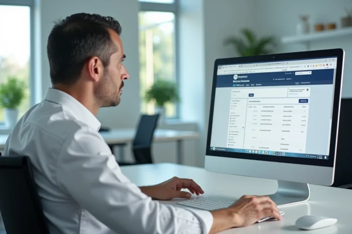 Homme consultant une base de données officielle pour vérifier un diplôme RNCP en ligne