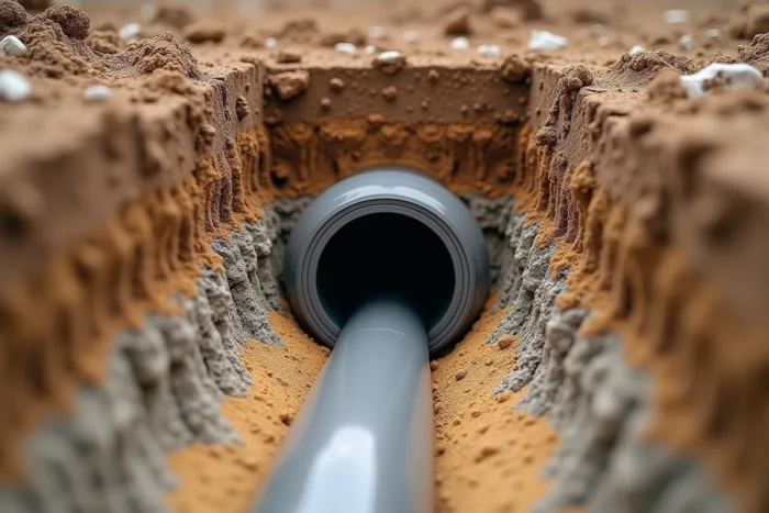 Coupe transversale d'une installation de canalisation entourée de sable dans une tranchée, montrant les couches de sol