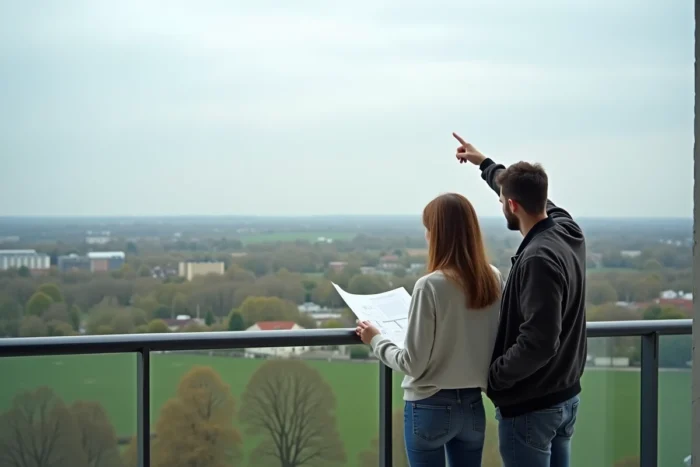 Couple de futurs acheteurs sur le balcon d'un appartement neuf avec vue sur le plateau de Saclay