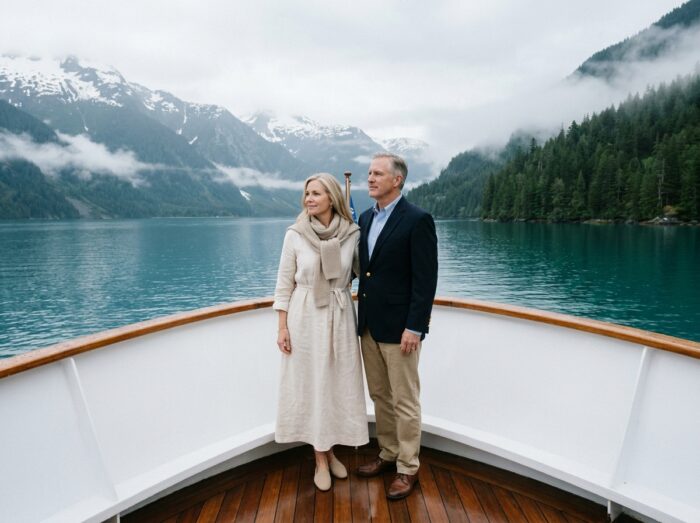 Couple élégant à bord d'un navire de croisière de luxe contemplant un fjord sauvage et des sommets enneigés lors d'un voyage d'exception