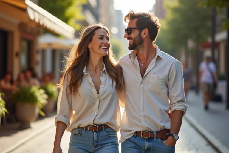 Couple de footballeur et sa compagne se promenant sur une promenade urbaine animée, tenue décontractée et sourires complices