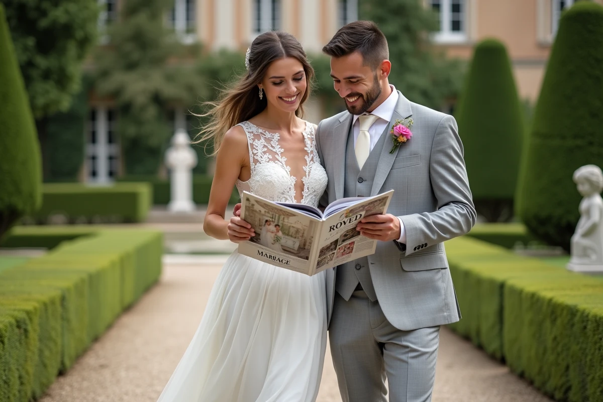Couple souriant marchant dans un jardin avec magazine de mariage