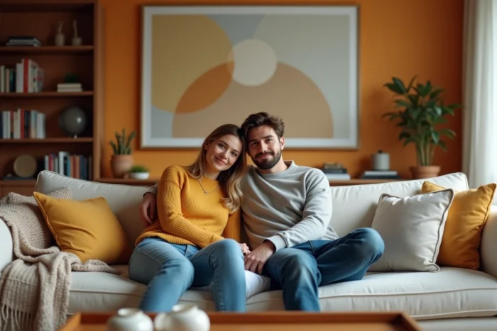 Couple complice installé dans un salon moderne et chaleureux, ambiance lifestyle et intimité du quotidien