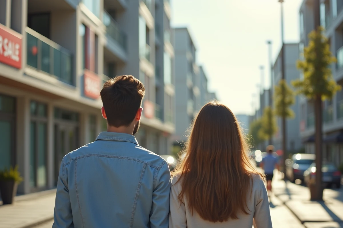 Jeune couple observant un immeuble en vente en ville