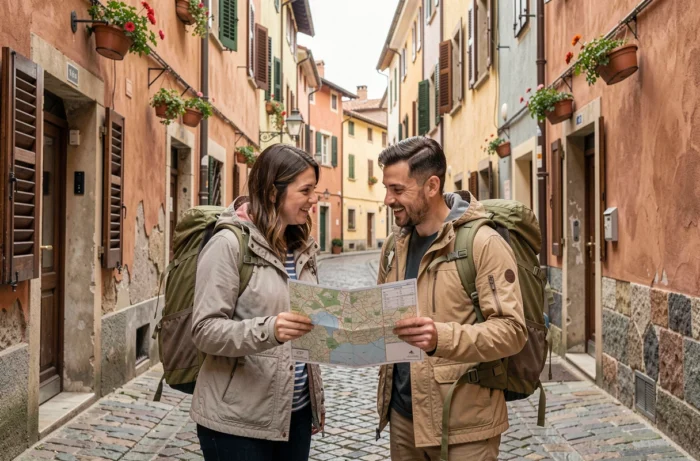 Couple de voyageurs avec sacs à dos consultant une carte dans une ruelle pavée européenne typique