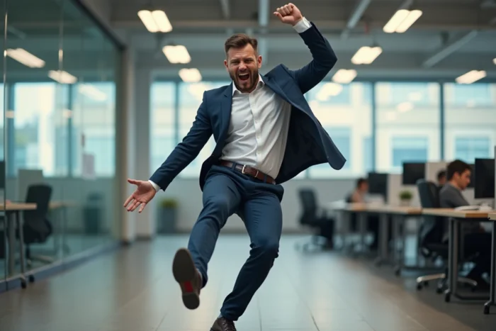 Homme en tenue décontractée ratant sa danse de victoire dans un bureau open space avec une expression surprise