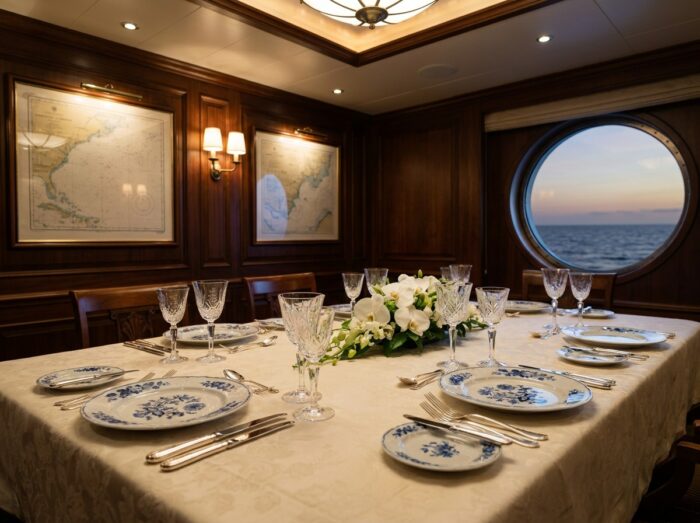 Table de dîner gastronomique dressée à bord d'un navire de croisière de luxe avec vaisselle en porcelaine et vue panoramique sur l'océan