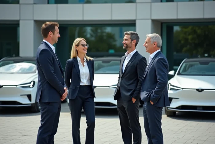 Dirigeants de Stellantis discutant devant une gamme de véhicules électriques neufs dans un campus d'entreprise moderne