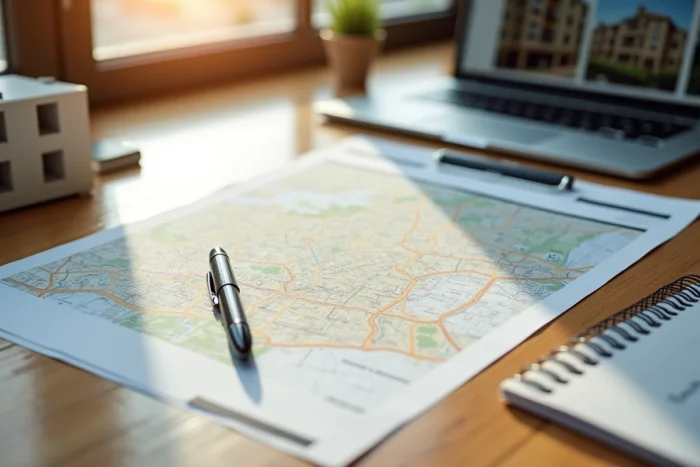 Documents immobiliers et carte des prix au m² du secteur de Saclay posés sur un bureau en bois
