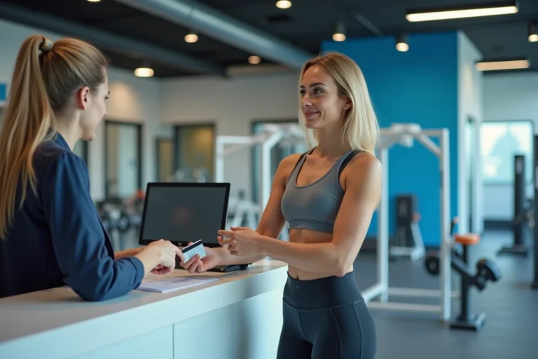 Femme payant l'entrée à l'accueil d'une salle Basic Fit sans abonnement