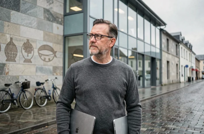 Entrepreneur numérique devant un incubateur de startups à Quimper en Bretagne par temps couvert