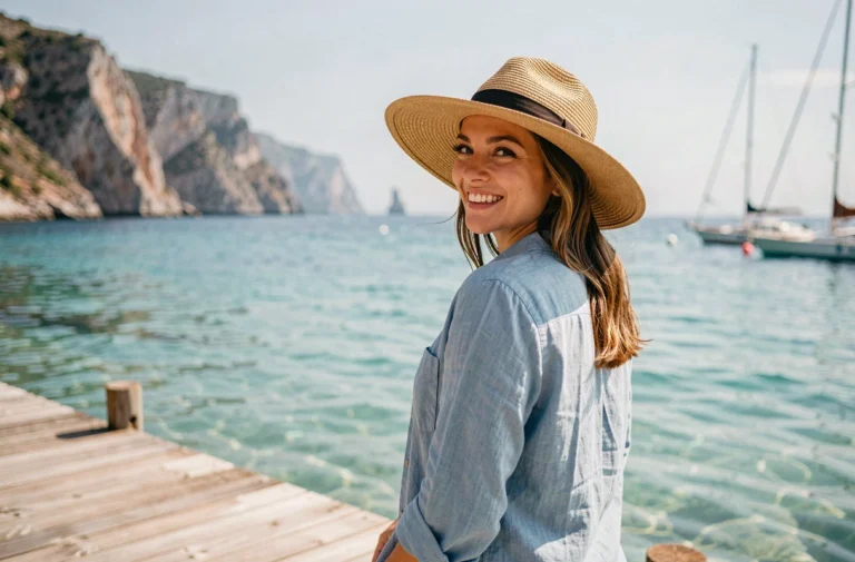 Femme en chapeau de paille sur un ponton en bois face à une baie turquoise, escapade balnéaire inoubliable