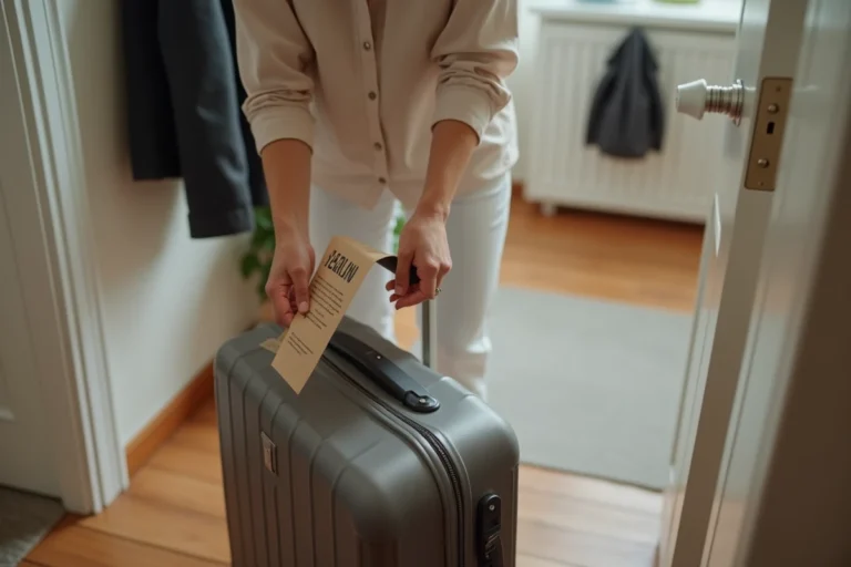 Femme attachant une étiquette valise imprimée sur une grande valise rigide dans un couloir d'appartement