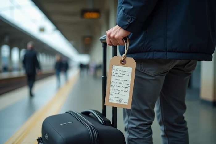 Homme avec une valise à roulettes portant une étiquette SNCF imprimée sur un quai de gare