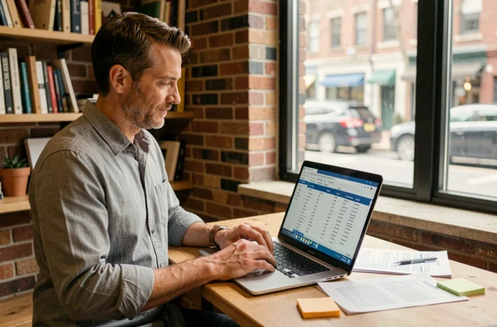 Professionnel indépendant évaluant des solutions logicielles concurrentes sur son ordinateur portable dans un espace de travail moderne