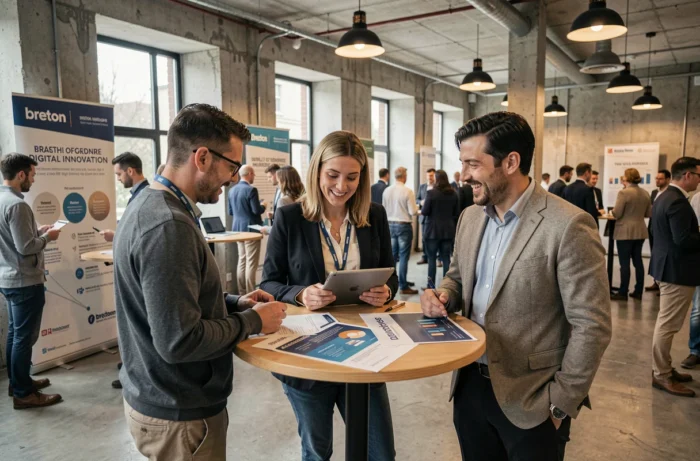 Groupe de professionnels échangeant lors d'un événement tech et numérique à Brest en Bretagne