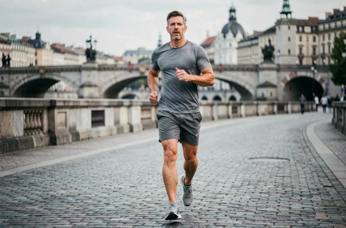 Expatrié en train de courir sur un quai européen pour maintenir sa forme physique à l'étranger