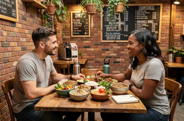 Deux expatriés partageant un repas sain dans un café local à l'étranger pour prendre soin de leur bien-être