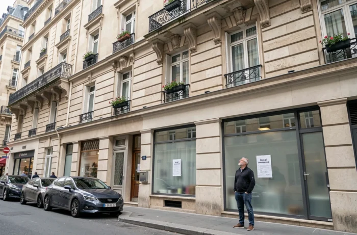 Façade haussmannienne parisienne montrant la distinction entre appartements résidentiels et locaux commerciaux