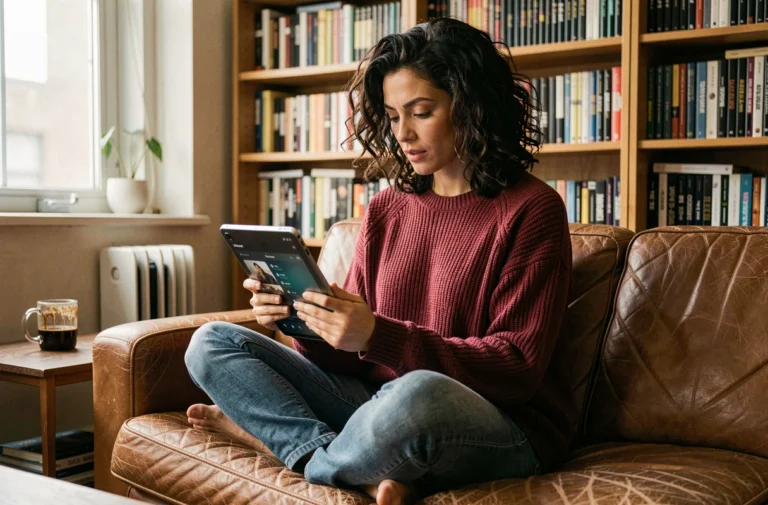Jeune femme parcourant des actualités cinéma et séries sur une tablette dans un appartement cosy rempli de livres et de DVDs