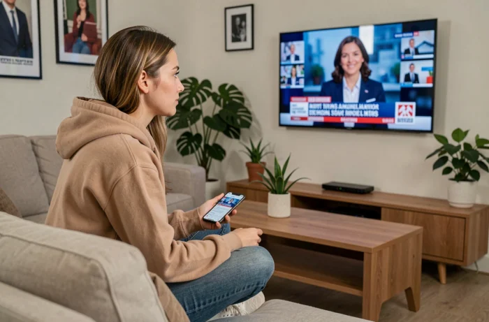 Jeune femme regardant les informations à la télévision dans son salon tout en consultant une application d'actualités sur son smartphone