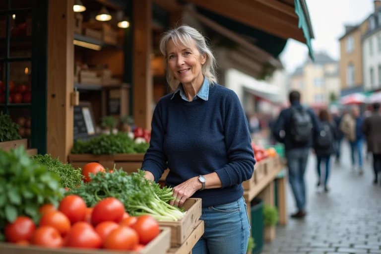 Femme bretonne arrangeant légumes bio au marché