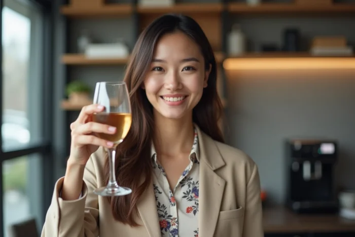 Jeune femme professionnelle en blazer levant son verre de vin dans un bureau en signe de toast amusant