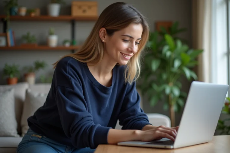 Femme au bureau à la maison utilisant son ordinateur pour PIAL