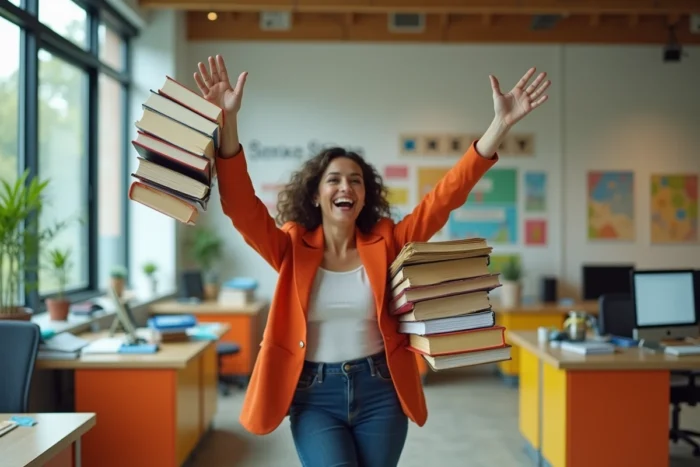 Femme enthousiaste en blazer coloré dansant avec une pile de dossiers dans un bureau décoré de posters motivants
