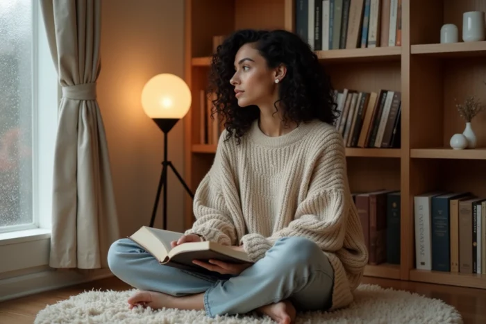 Femme lisant dans un coin lecture cosy avec applique murale douce et bibliothèque en bois