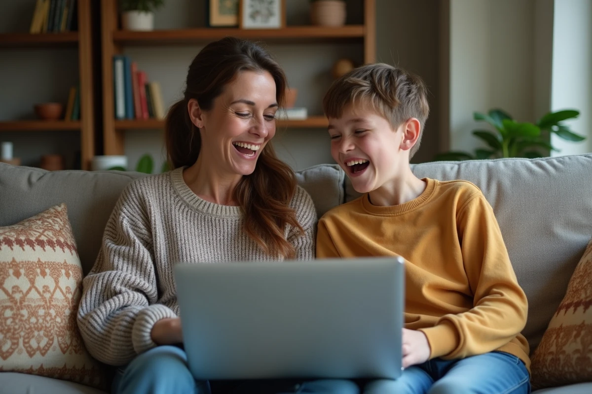 Femme et adolescent surpris en lisant une actualite sur un ordinateur