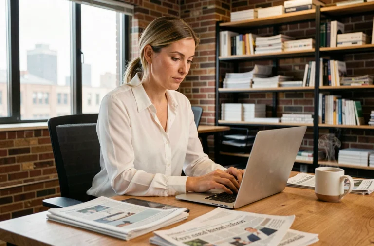 Femme journaliste consultant les dernières actualités sur un ordinateur portable dans un bureau moderne avec journaux et café